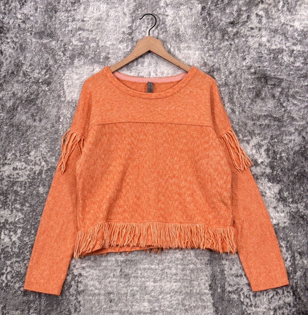 Raquel Allegra Sweater 2 / Large Womens Orange Cashmere Blend Pullover Fringe